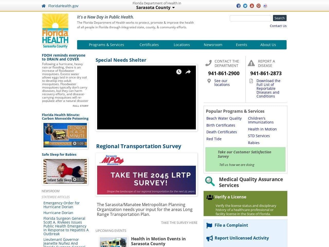 Sarasota Health Department screenshot